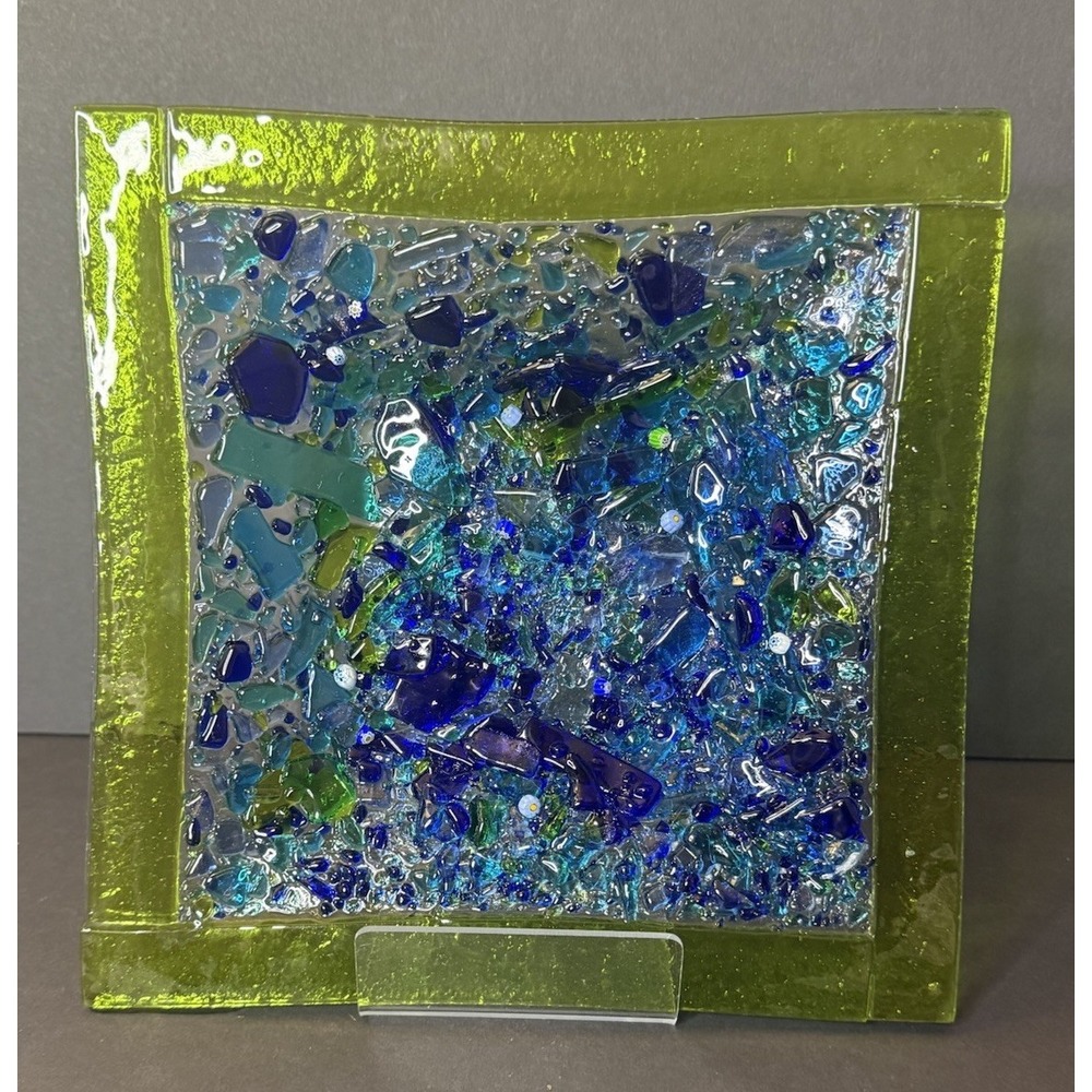 Fused Glass Murano Style 8" Square Dish Textured Mosaic Blue Green Art Tray EUC